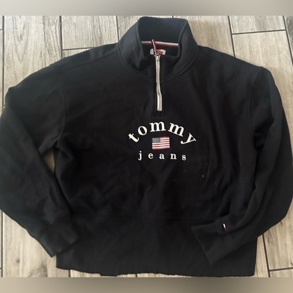 Women’s used L large size Tommy Jeans retro quarter zip pullover black - Picture 1 of 5